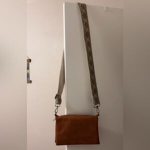 Brown Crossbody Bag with Patterned Strap